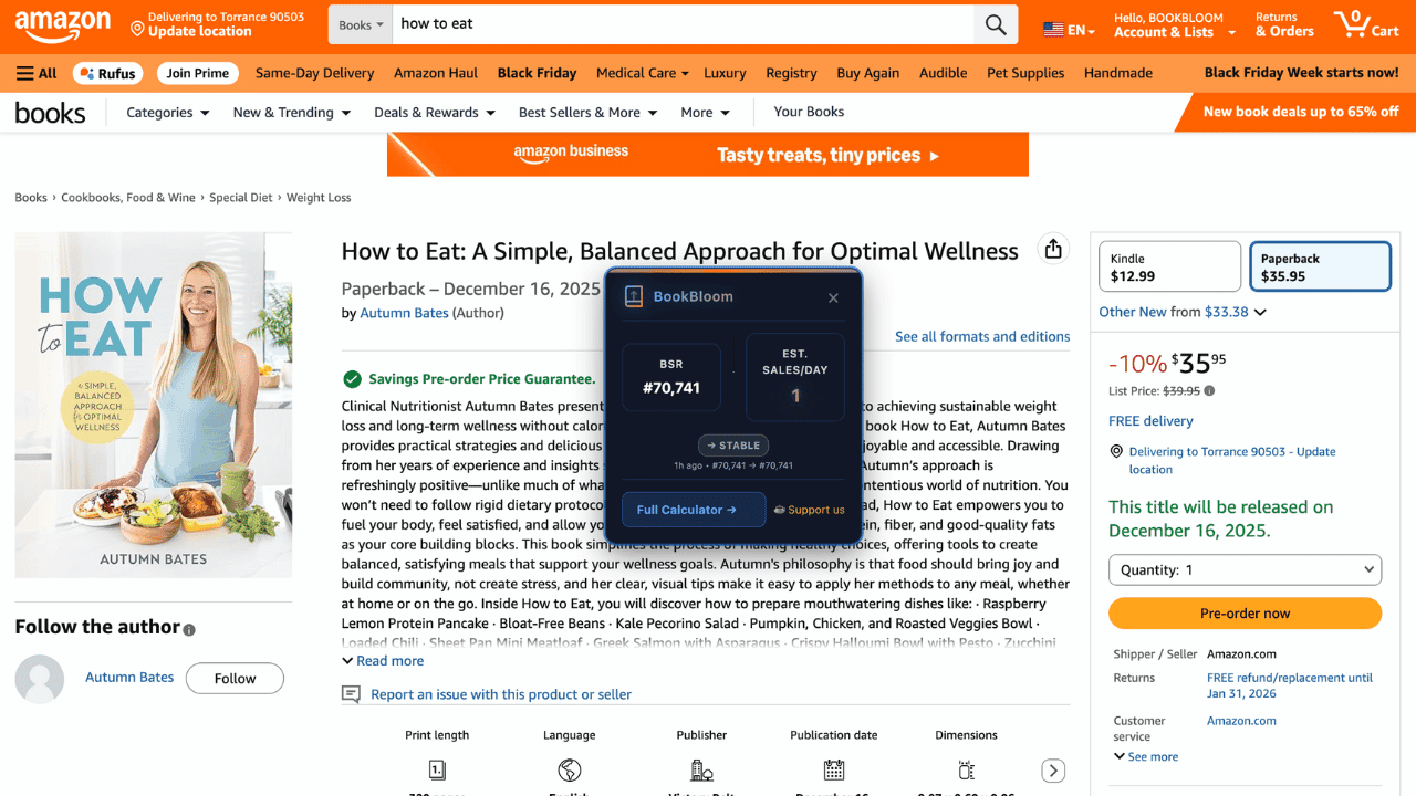 BookBloom BSR overlay on Amazon book page showing sales estimates and trends
