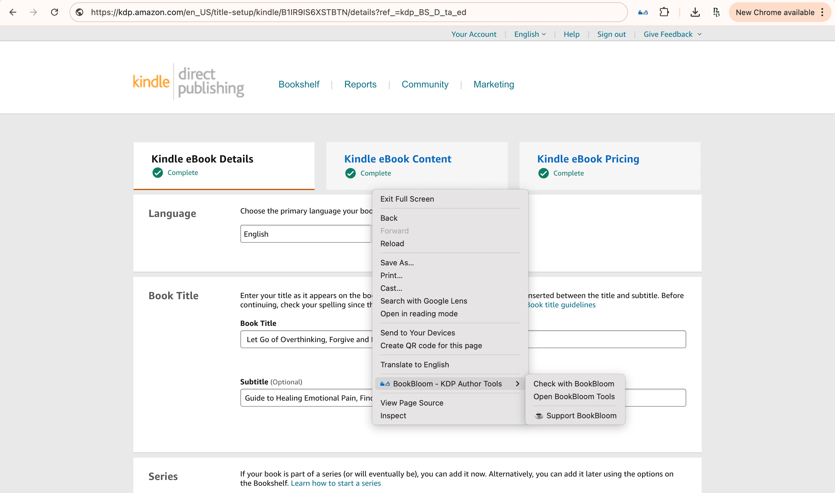 BookBloom right-click context menu on KDP dashboard