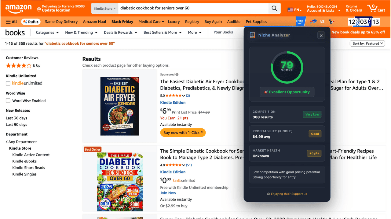 BookBloom Niche Analyzer overlay on Amazon search results showing niche score